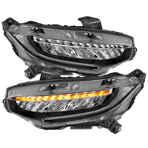 ANZO 16-17 Honda Civic Projector Headlights Plank Style Black w/Amber/Sequential Turn Signal