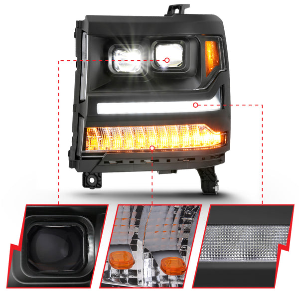 ANZO 16-18 Chevrolet Silverado 1500 LED Projector Headlights w/Plank Style Switchback Black w/ Amber