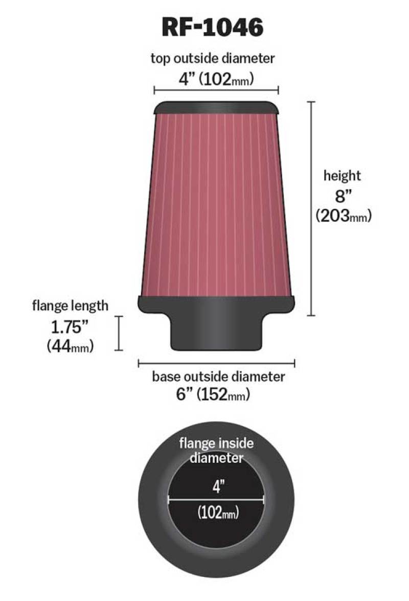 K&N Universal Air Filter 4 inch Flange / 6 inch Base / 4 inch Top / 8 1/2 inch Hei