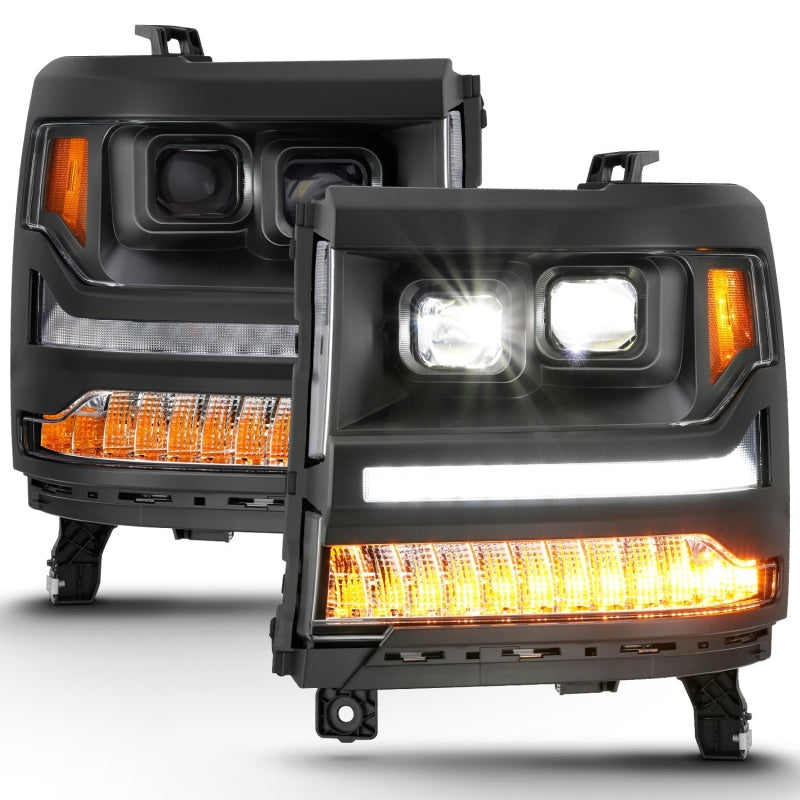 ANZO 16-18 Chevrolet Silverado 1500 LED Projector Headlights w/Plank Style Switchback Black w/ Amber