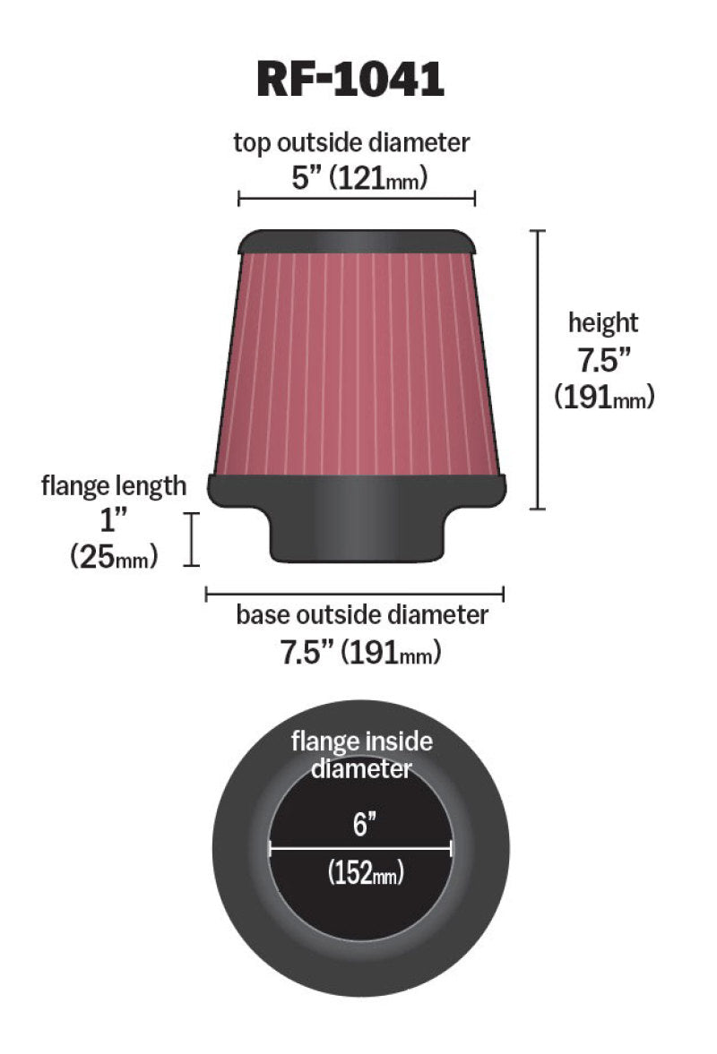 K&N Round Tapered Universal Air Filter 6 inch Flange 7 1/2 inch Base 5 inch Top 7 1/2 inch Height