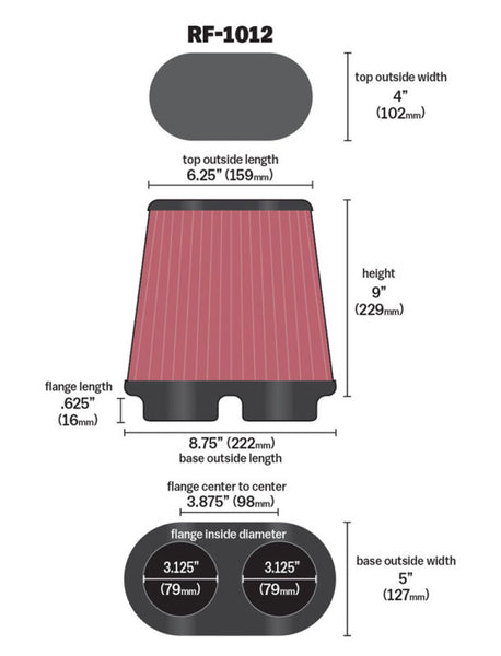 K&N Universal Air Filter 3.125in Flange ID x 5in Base O/S Width x 4in Top O/S Width x 9in H