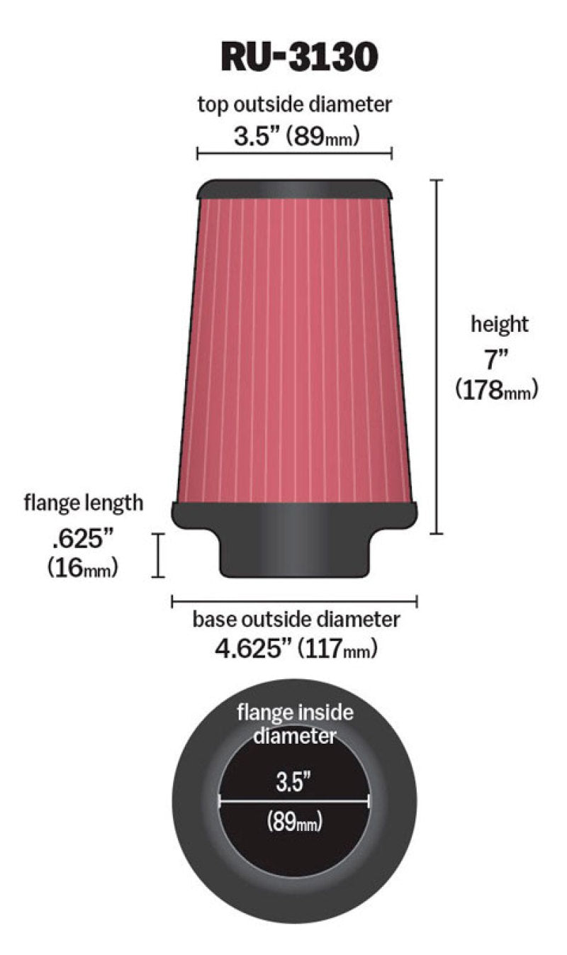 K&N Filter Universal Rubber Filter 3 1/2 inch Flange 4 5/8 inch Base 3 1/2 inch Top 7 inch Height