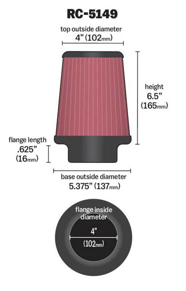 K&N Universal Chrome Filter 4 inch FLG 5 3/8 inch Base 4 inch Top 6 1/2 inch Height