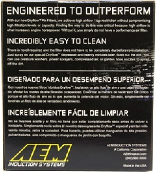 AEM Dryflow Air Filter - Oval 6.06in x 4.5in Base LxW / 6in x 4in Top LxW / 5.13in H 2.75in Flange