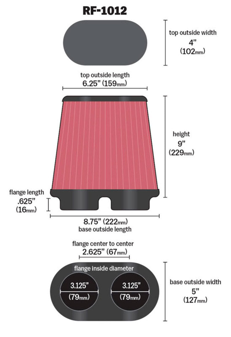 K&N Universal Air Filter 3.125in Flange ID x 5in Base O/S Width x 4in Top O/S Width x 9in H