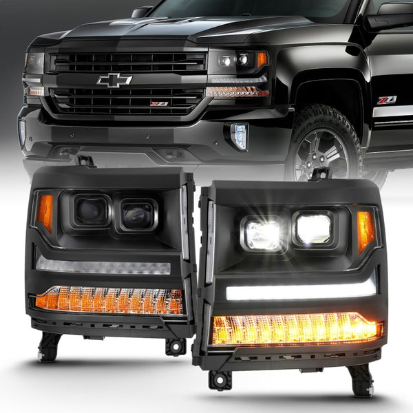 ANZO 16-18 Chevrolet Silverado 1500 LED Projector Headlights w/Plank Style Switchback Black w/ Amber