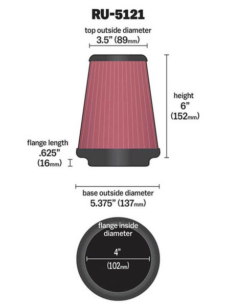 K&N Filter Universal Rubber Filter 4inch Flange 5 3/8inch Base 3 1/2inch Top 6inch Height - Top has