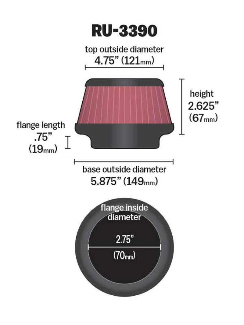 K&N Filter Universal Rubber Filter 2.75 Flange, 5.87 Base, 4.75 Top, 2.62 Height