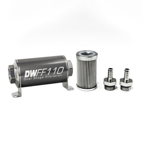 DeatschWerks Stainless Steel 3/8in 10 Micron Universal Inline Fuel Filter Housing Kit (110mm)