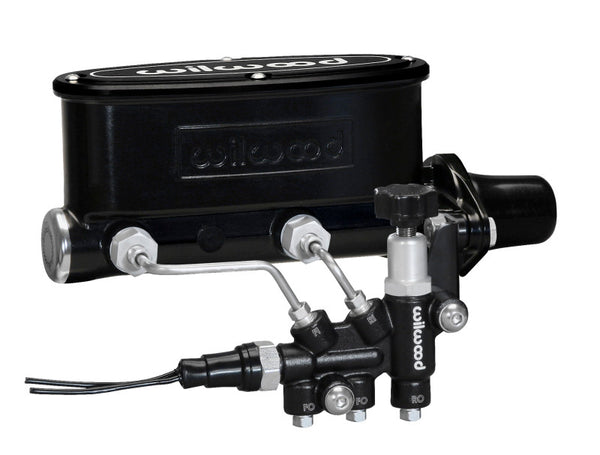 Wilwood HV Tandem M/C Kit w L/H Bracket & Prop Valve - 1 1/8in Bore Black