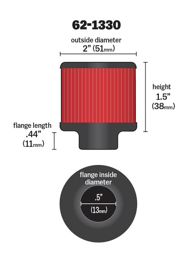 K&N Clamp On Rubber Base Crankcase Vent Filter 0.5in Flange ID 2in OD 1.5in Height