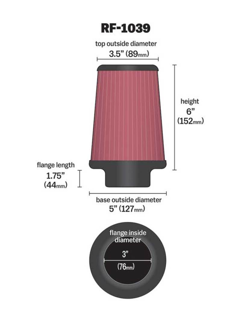 K&N Round Tapered Universal Air Filter 3in Flange ID x 5in Base OD x 3.5in Top OD x 6in H