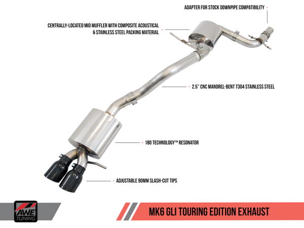 AWE Tuning Mk6 GLI 2.0T - Mk6 Jetta 1.8T Touring Edition Exhaust - Diamond Black Tips