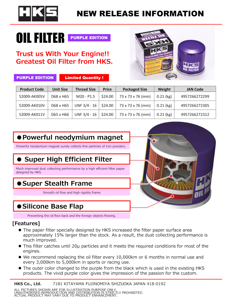 HKS OIL FILTER TYPE 7 65MM-H66 UNF (Purple)