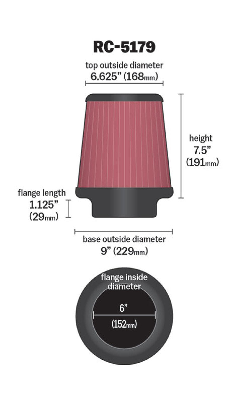 K&N Universal Round Tapered Filter 6in Flange ID x 9in Base OD x 6.625in Top OD x 7.5in Height