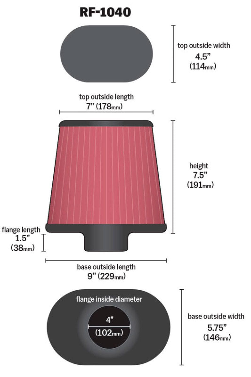 K&N Round Tapered Universal Air Filter 4 inch Flange 9x5.75in B / 7x4.5in T /  7.5in H