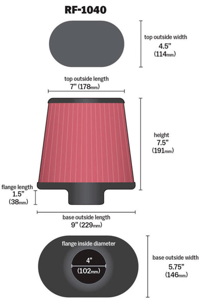 K&N Round Tapered Universal Air Filter 4 inch Flange 9x5.75in B / 7x4.5in T /  7.5in H