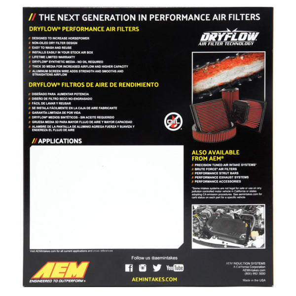 AEM 91-05 Chevrolet/GMC S10/S15 11.313in O/S L x 6in O/S W x 1.313in H DryFlow Air Filter