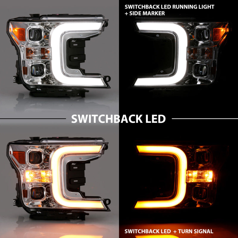 ANZO 18-19 Ford F-150 LED Projector Headlights w/ Plank Style Switchback Chrome w/ Amber