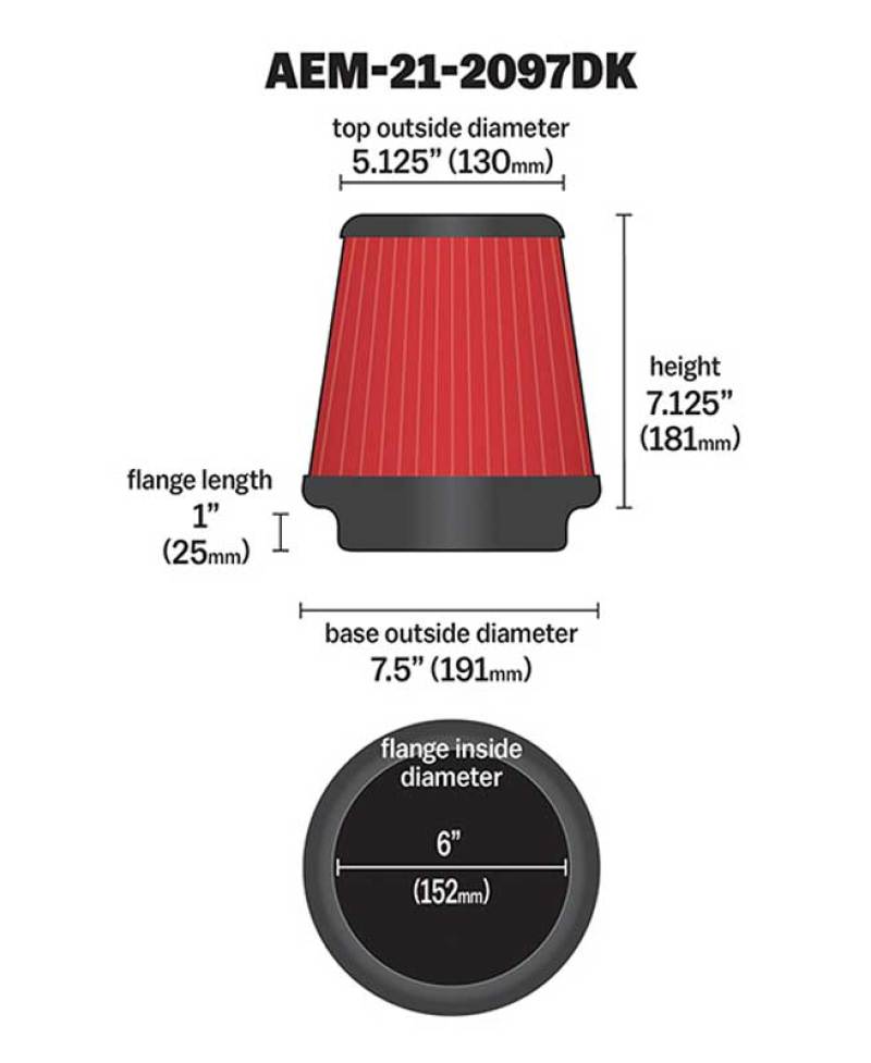 AEM Universal DryFlow Air Filter - Round Tapered - 5.125in Top OD x 7.5in Base OD x 7.125in H