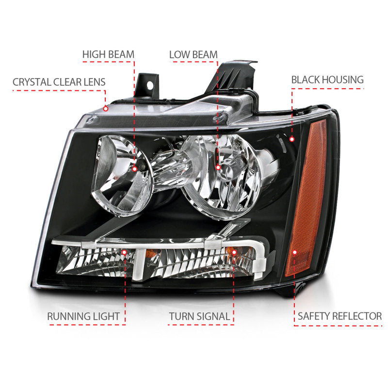 ANZO 2007-2014 Chevrolet Tahoe/Suburban Crystal Headlights Black