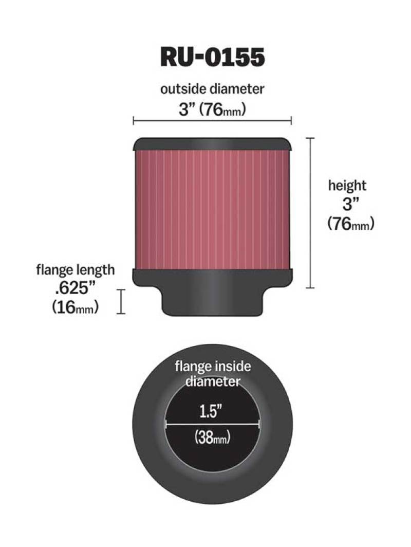 K&N Filter Universal Rubber Filter - Round Straight - 1.5in Flange ID x 3in OD x 3in Height