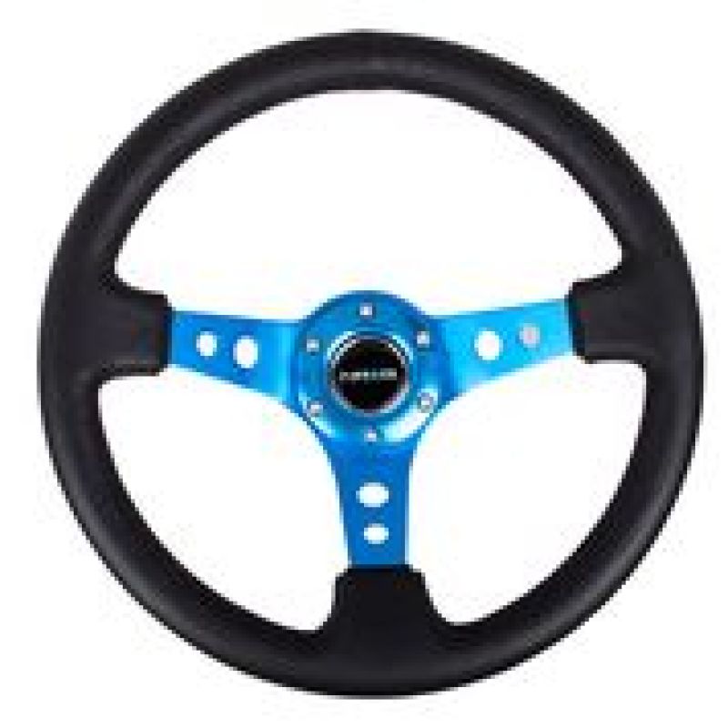 NRG Reinforced Steering Wheel (350mm / 3in. Deep) Blk Leather w/Blue Circle Cutout Spokes